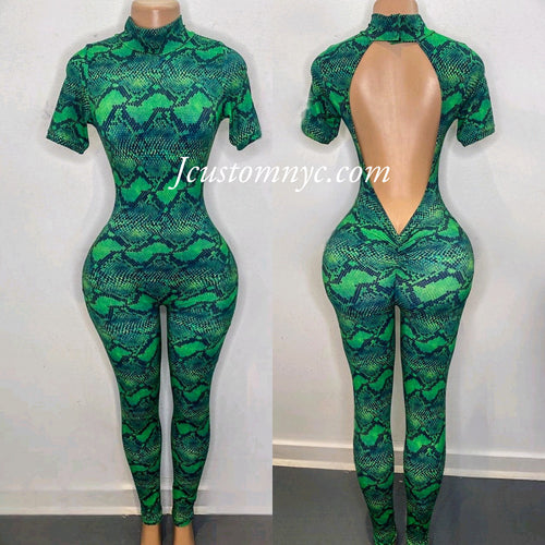 Pardon My Back Catsuit *Green Python with Short Sleeve