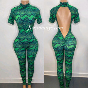 Pardon My Back Catsuit *Green Python with Short Sleeve