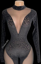 Load image into Gallery viewer, Black Paisley Velvet Catsuit