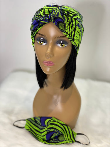 Turban Headband & Face Mask Set *Green/Blue