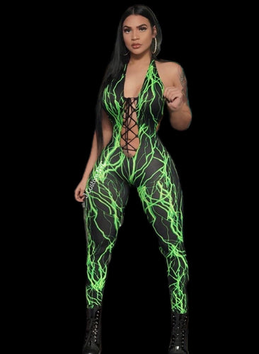 Green Lightning Lace Up Catsuit