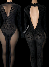 Load image into Gallery viewer, Black Paisley Velvet Catsuit