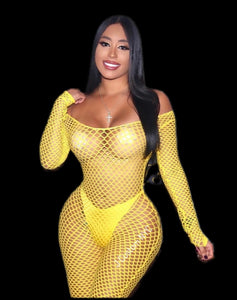 Sasha Fishnet Catsuit & Thong * Yellow