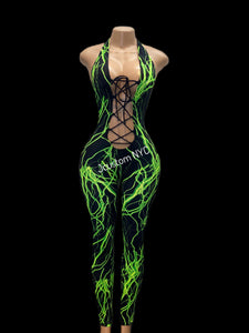 Green Lightning Lace Up Catsuit