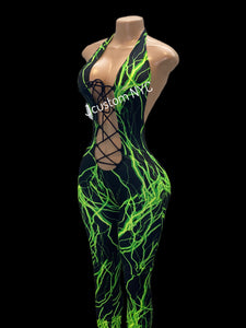 Green Lightning Lace Up Catsuit