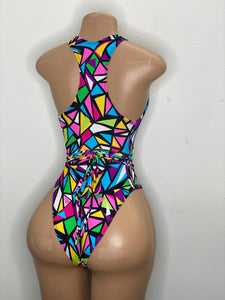 Abstract Plunge Neck One  Piece Swimsuit