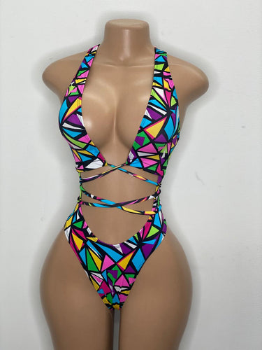 Abstract Plunge Neck One  Piece Swimsuit