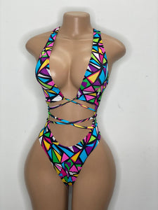 Abstract Plunge Neck One  Piece Swimsuit